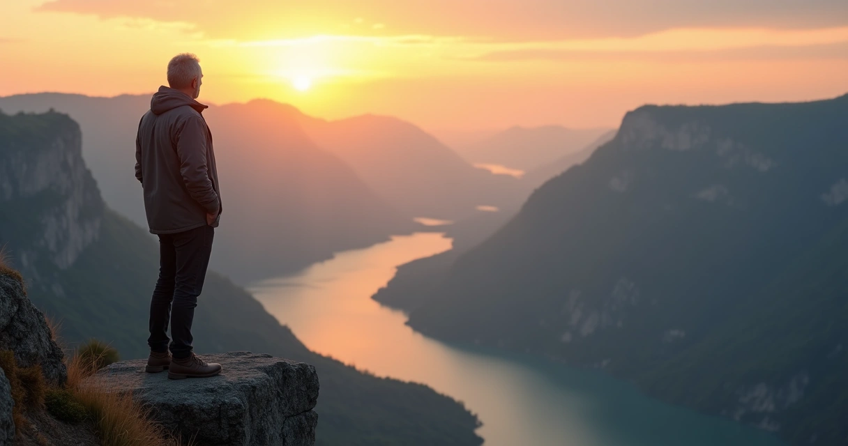 Pessoa adulta olhando para o horizonte em busca de propósito, paisagem natural ao fundo 