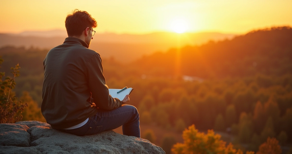 Pessoa sentada em reflexão em ambiente natural iluminado ao pôr do sol 