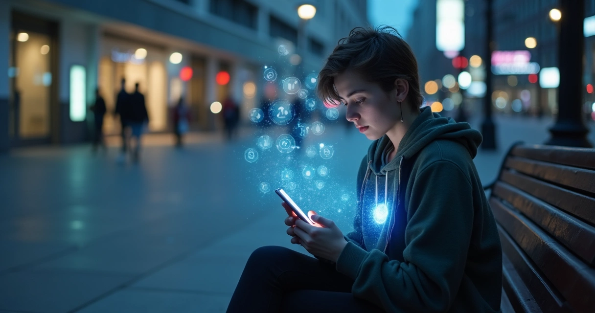 Pessoa cercada por ícones sociais olhando para um vazio interno 