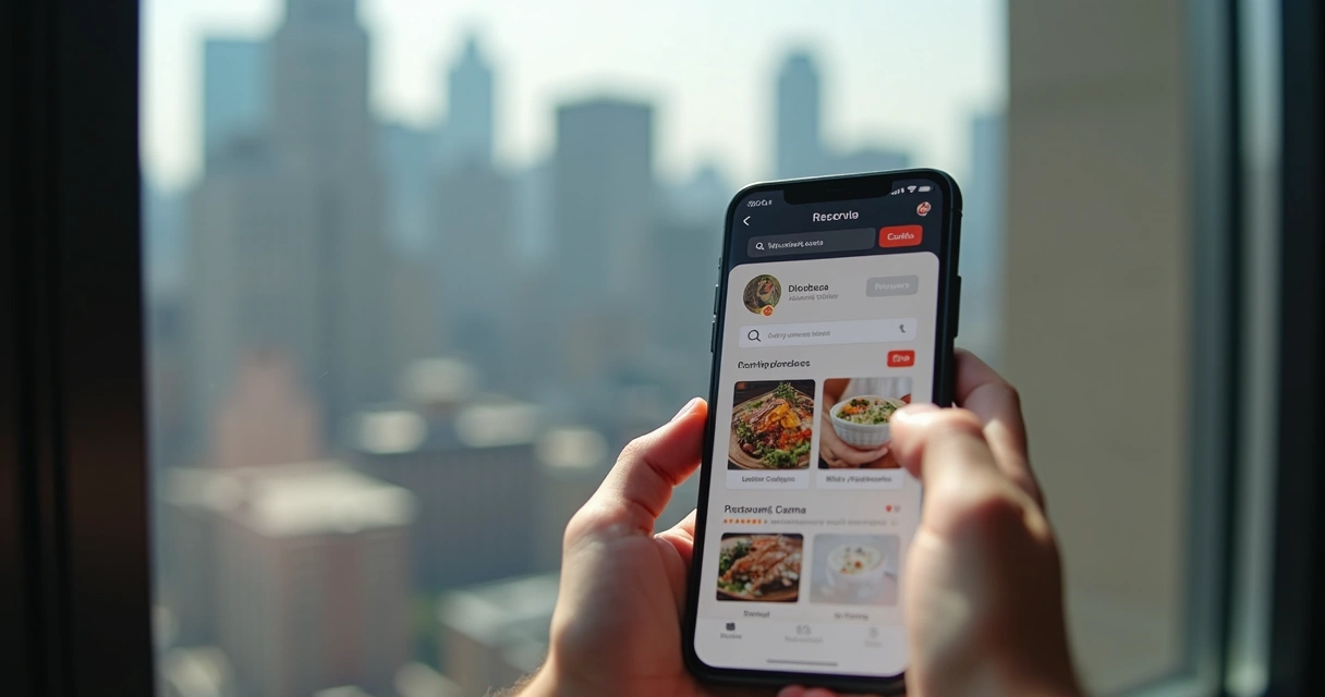 Pessoa navegando em app de reserva de restaurante no celular 