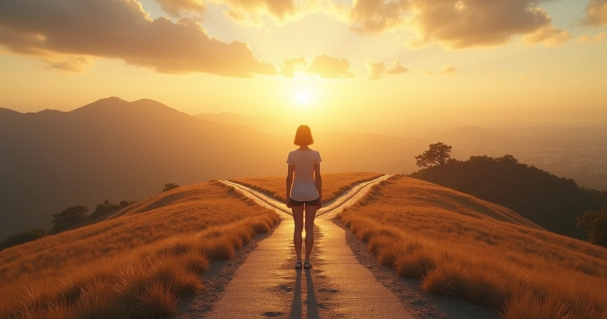 Pessoa em encruzilhada contemplando diferentes caminhos sob céu dramático 