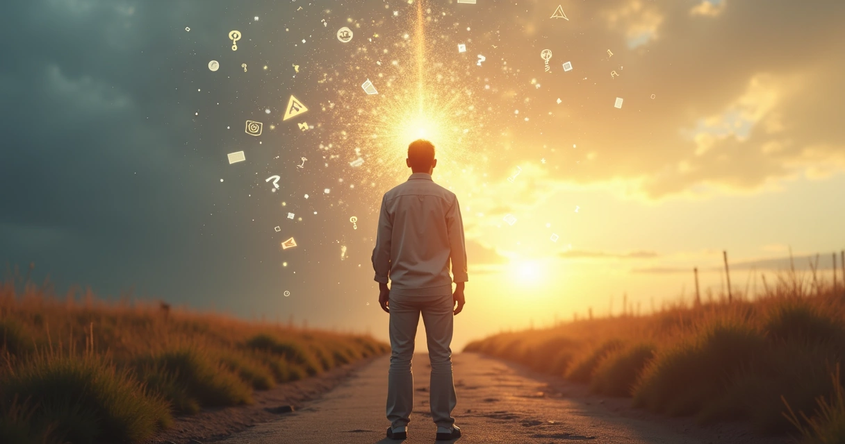 Pessoa em uma encruzilhada entre mente fragmentada e centro interno tranquilo 