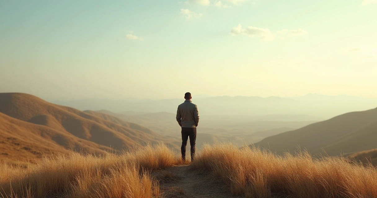 Pessoa contemplando a paisagem aberta, transmitindo busca por sentido existencial 