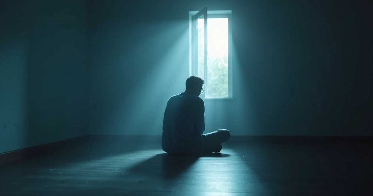 Pessoa sentada refletindo em um quarto escuro com raios de luz entrando pela janela