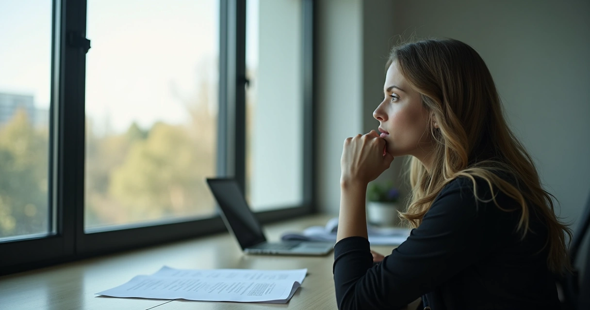 Pessoa olhando pela janela durante o trabalho, refletindo sobre sentido profissional 