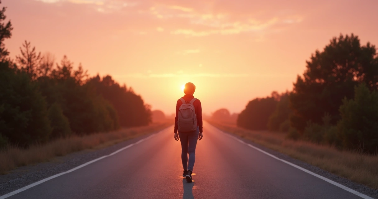 Pessoa caminhando sozinha por uma estrada aberta, luz suave do pôr do sol 