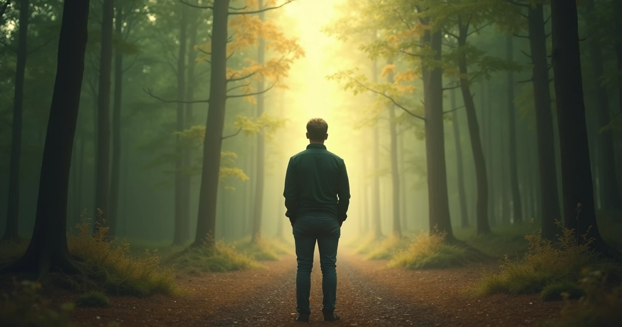 Pessoa parada diante de caminhos múltiplos em uma floresta com luz suave 