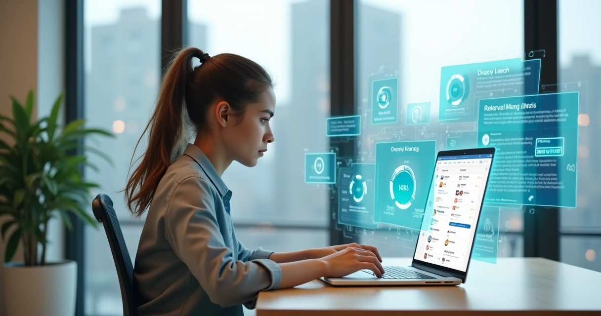 Profissional analisando vagas de emprego em tela com gráficos e ícones digitais 