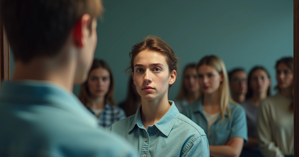 Pessoa olhando para o espelho, refletindo uma multidão atrás de si.