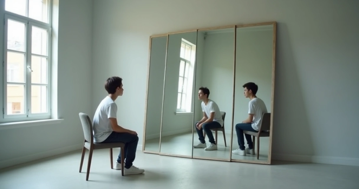 Pessoa olhando vários reflexos diferentes de si mesma em um espelho grande 