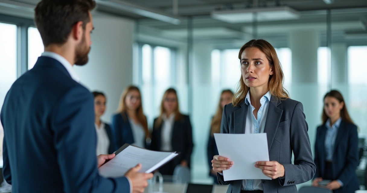 Profissional apresenta trabalho ao líder, buscando aprovação, ambiente de escritório 