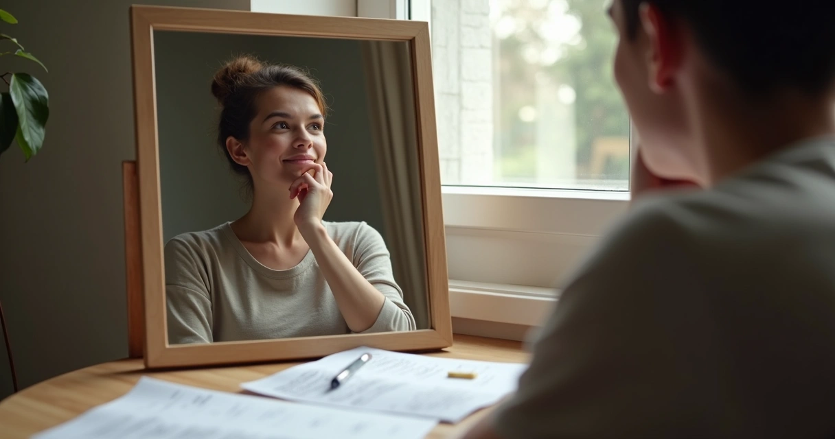Pessoa refletindo em frente ao espelho, ambiente tranquilo