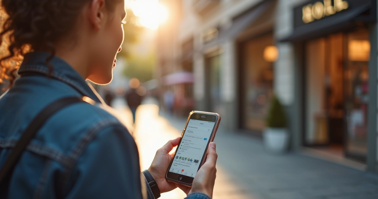 Pessoa usando busca por voz em smartphone em frente à loja local