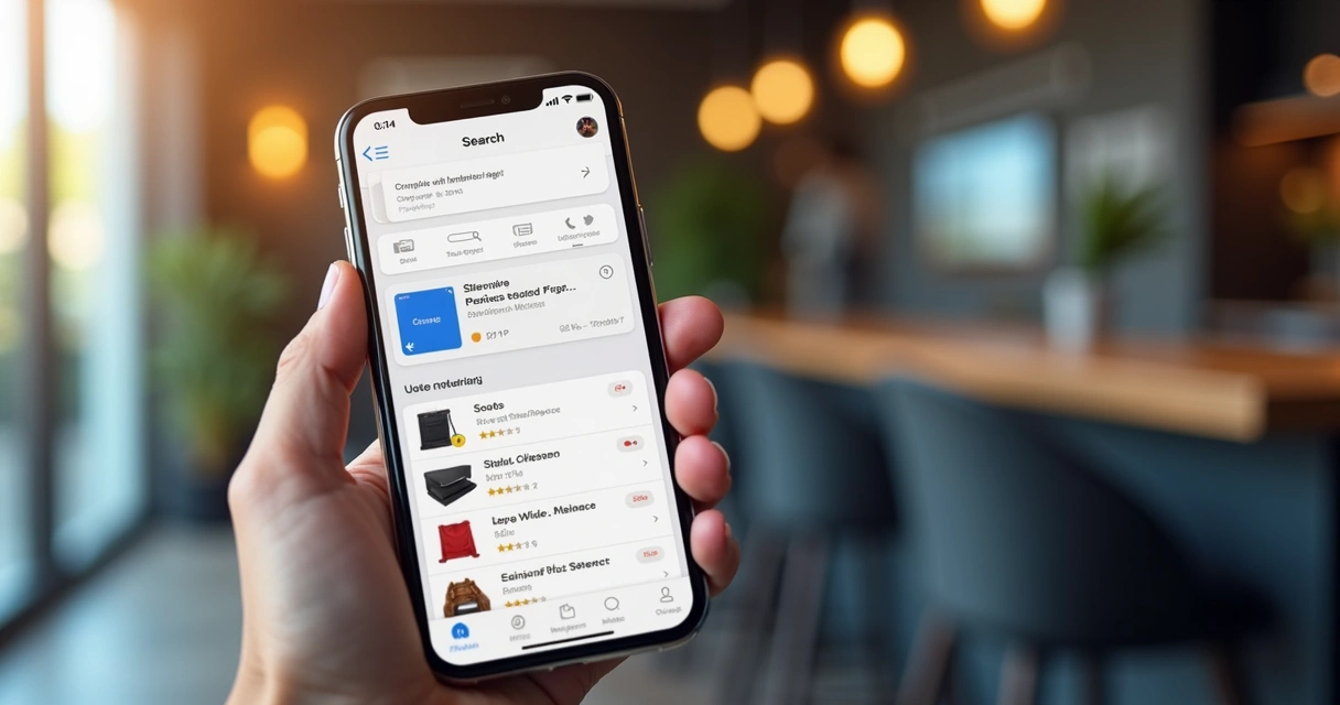 Alguém usando smartphone com busca por voz ativa e resultado visual 