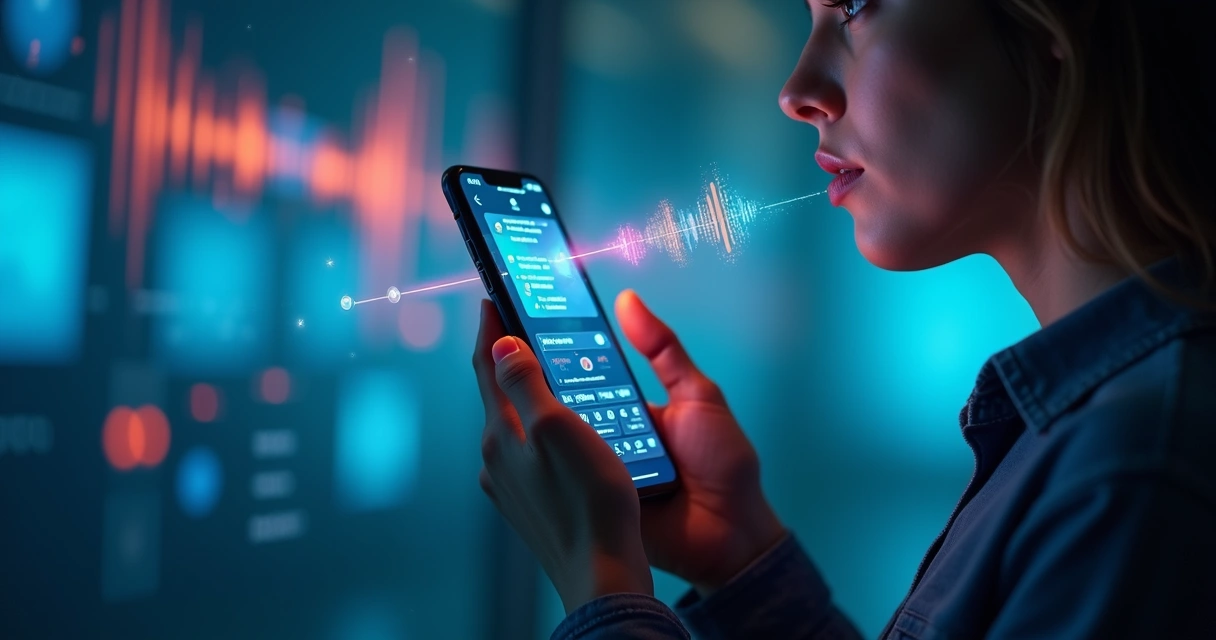 Pessoa falando ao celular com ondas sonoras ilustrando comando de busca por voz. 