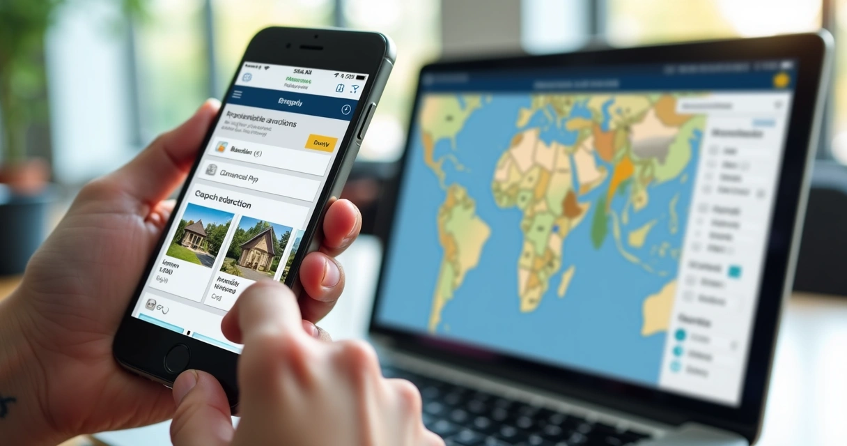Mão segurando celular com busca de imóveis em leilão na tela, ao fundo laptop aberto mostrando mapa interativo e filtros avançados de busca 