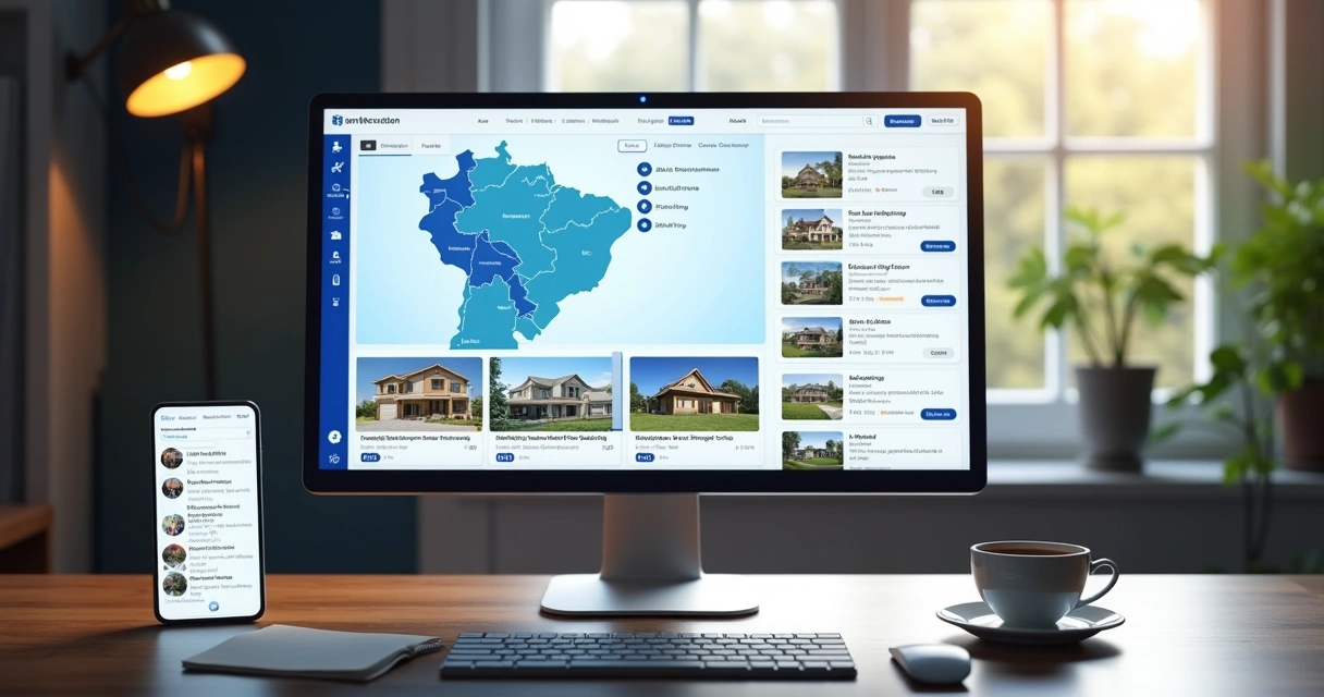 Interface de buscador inteligente exibindo imóveis em leilão com filtros por região, tipo e preço 