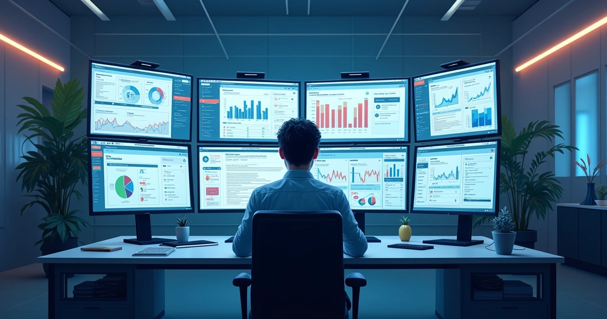 Pessoa analisando várias telas de computadores com dados variados 