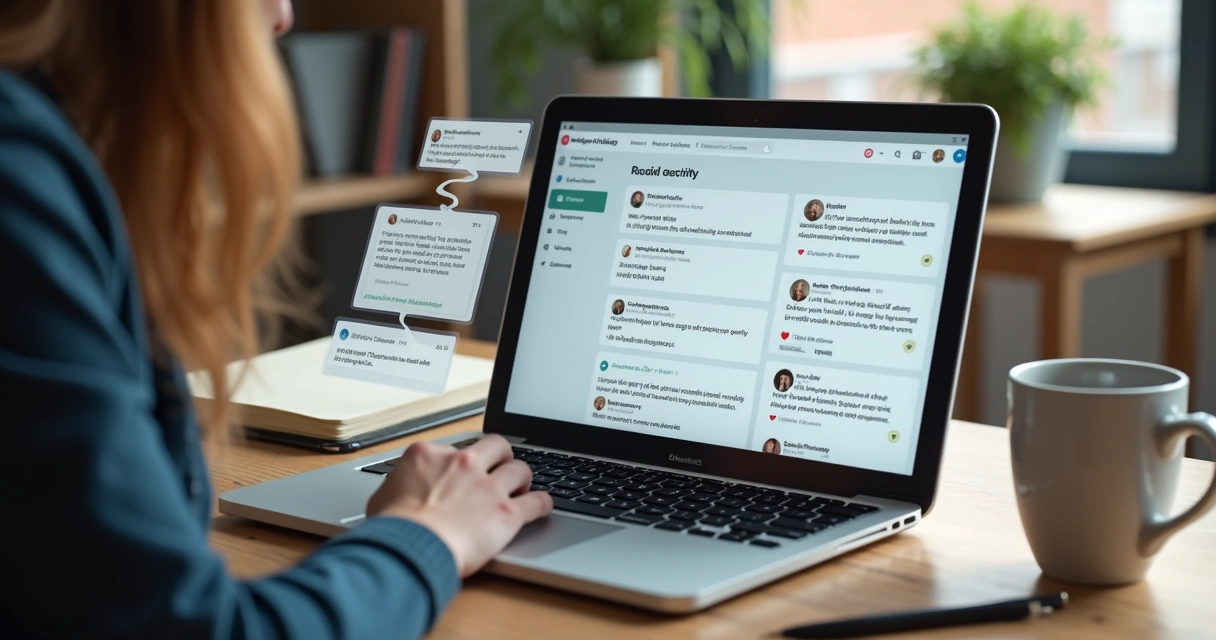 Estudante pesquisando em notebook em mesa com caderno e café 