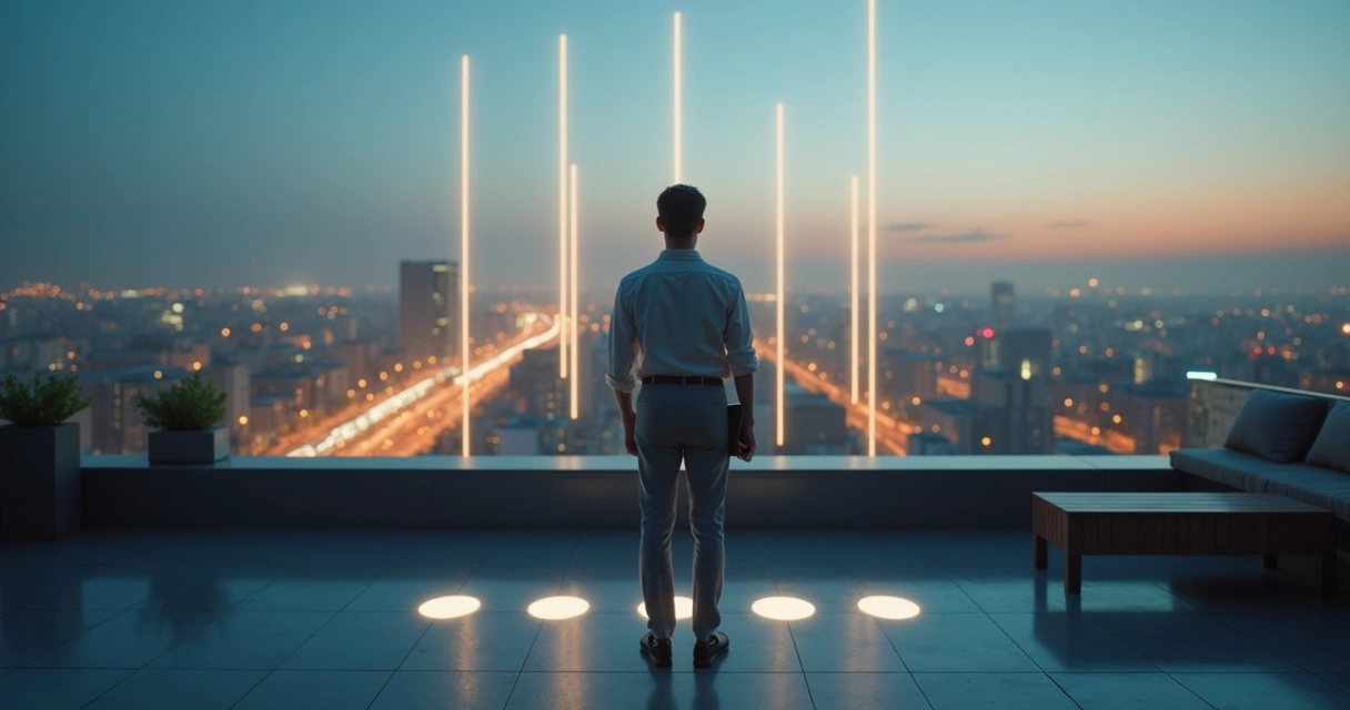 Pessoa observando horizonte urbano com linhas de conexão no céu 