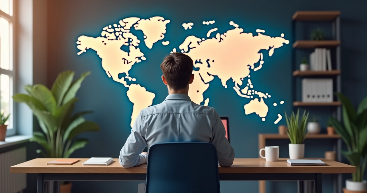 Pessoa usando laptop em mesa com mapa-múndi ao fundo e ícones de conexão global 