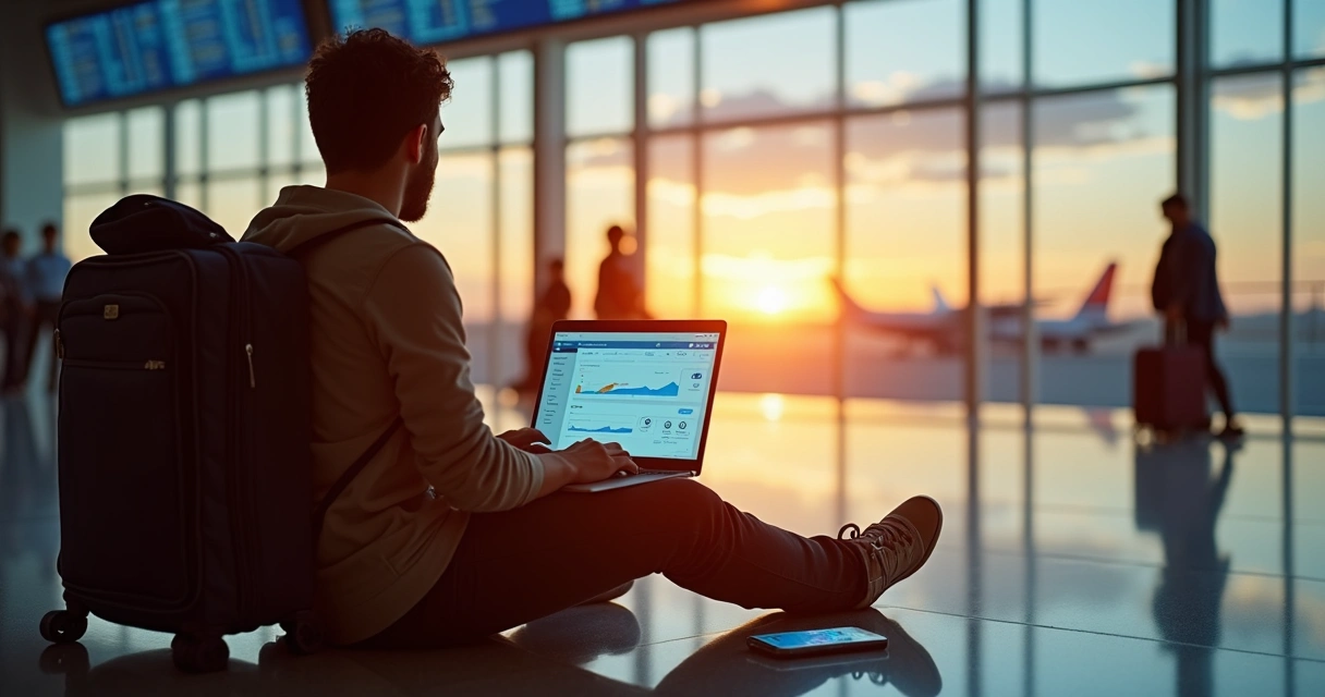 Viajante sentado no chão do aeroporto pesquisando promoções de passagens de última hora no notebook 