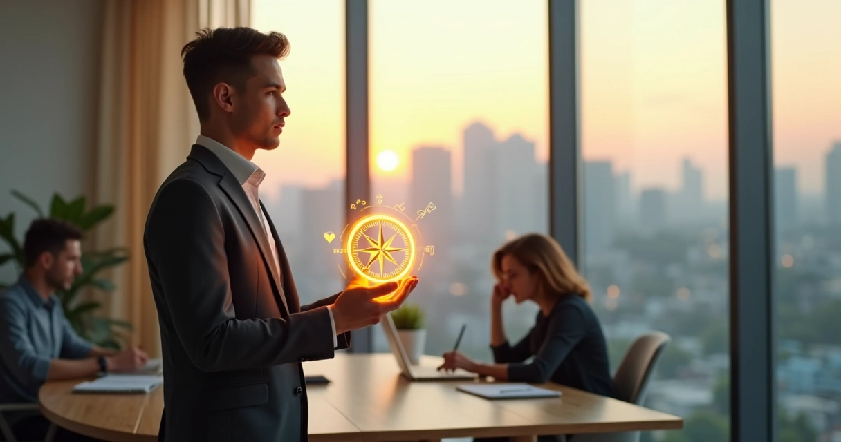 Novo líder segurando bússola luminosa em espaço de trabalho contemporâneo 