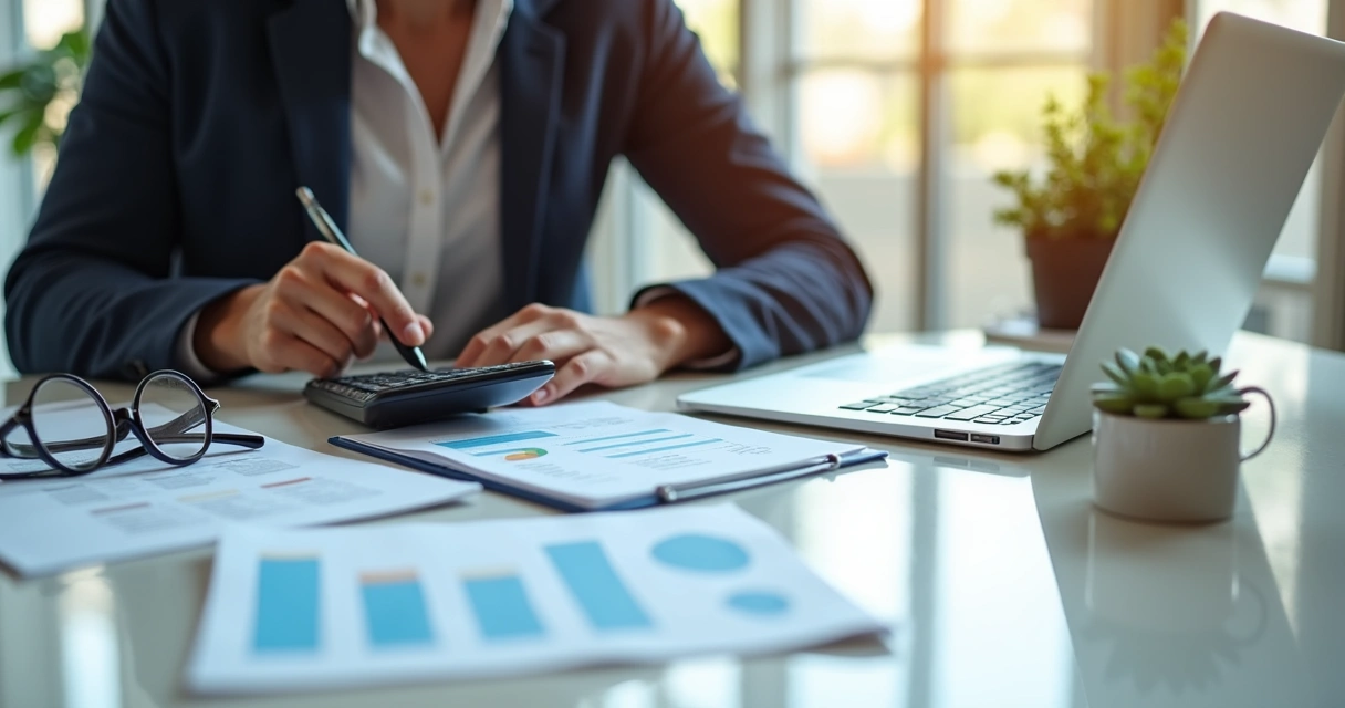 Person calculating taxes with financial documents and laptop on desk 