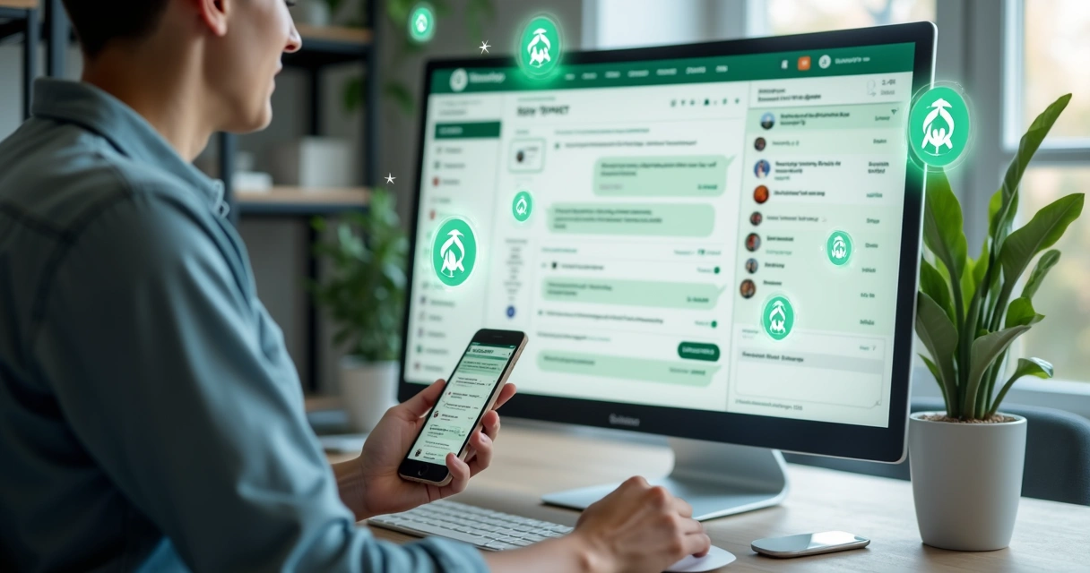 Business owner using AI bot on WhatsApp with dashboard screen showing sales data