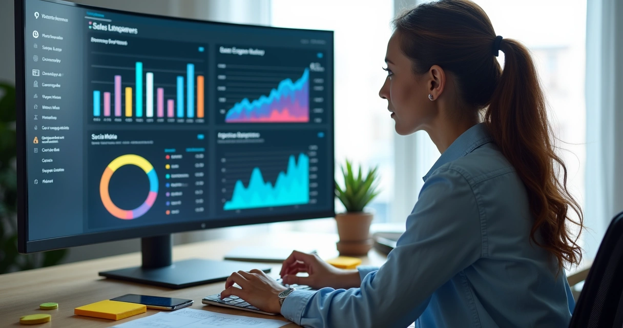 Businesswoman analyzing sales and engagement charts on a large computer monitor 