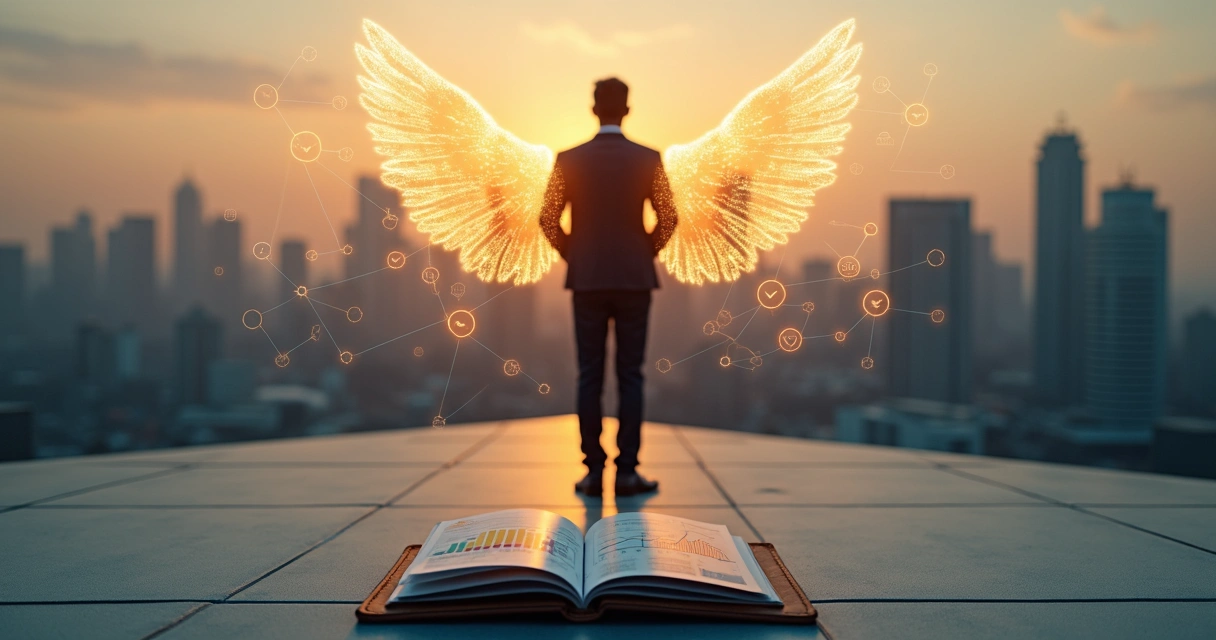 Silhouette of a business angel investor studying startup pitches at sunrise 