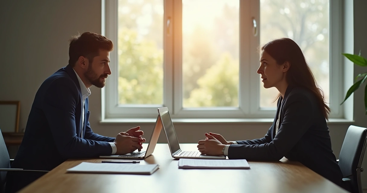 Manager and team member talking at a desk with papers and laptop during annual review