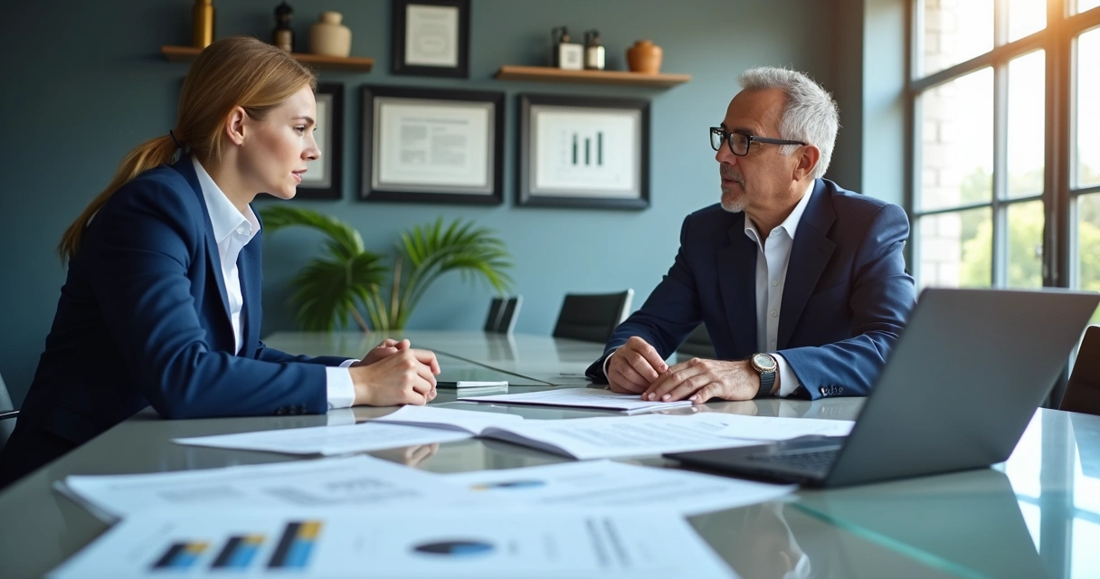 Executive reviewing awards and press documents at a conference table