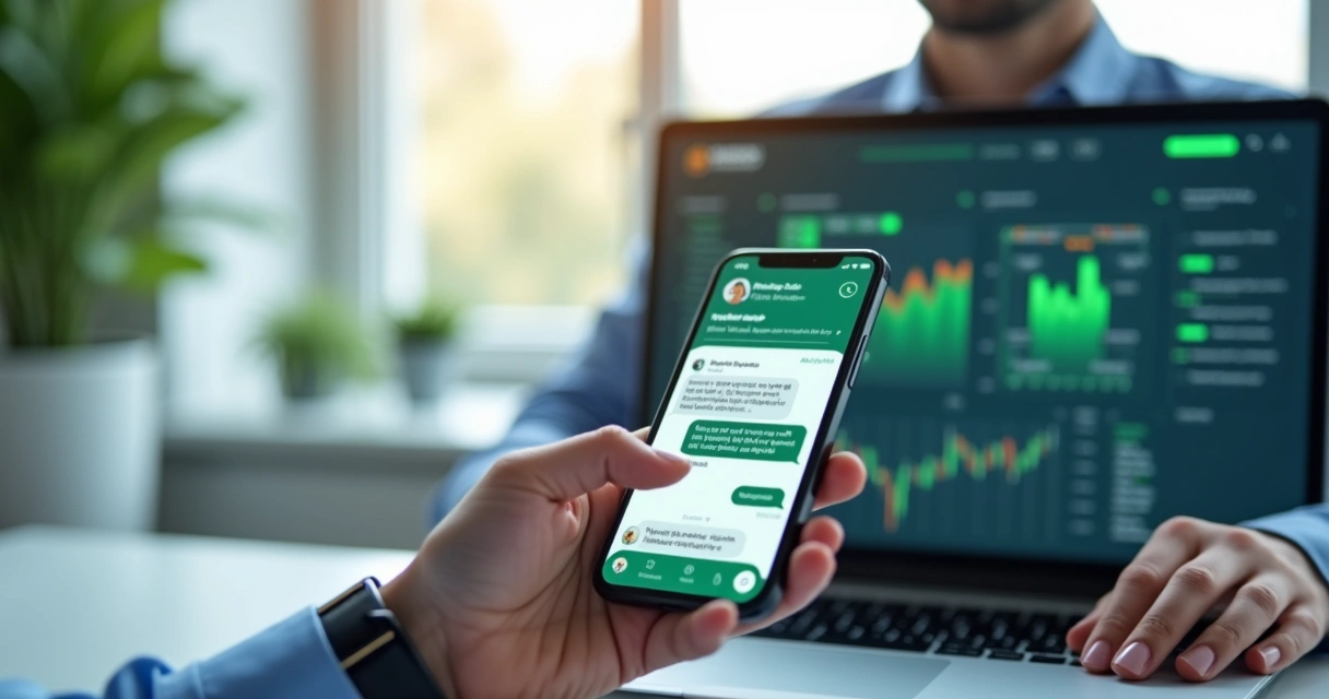 Smartphone showing a WhatsApp conversation with a personalized AI chatbot responding to customer inquiries in a modern office setting 