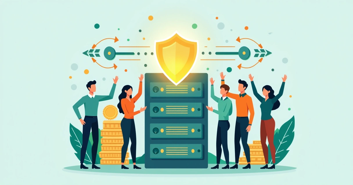 Business team celebrating stable IT operations around server icon 