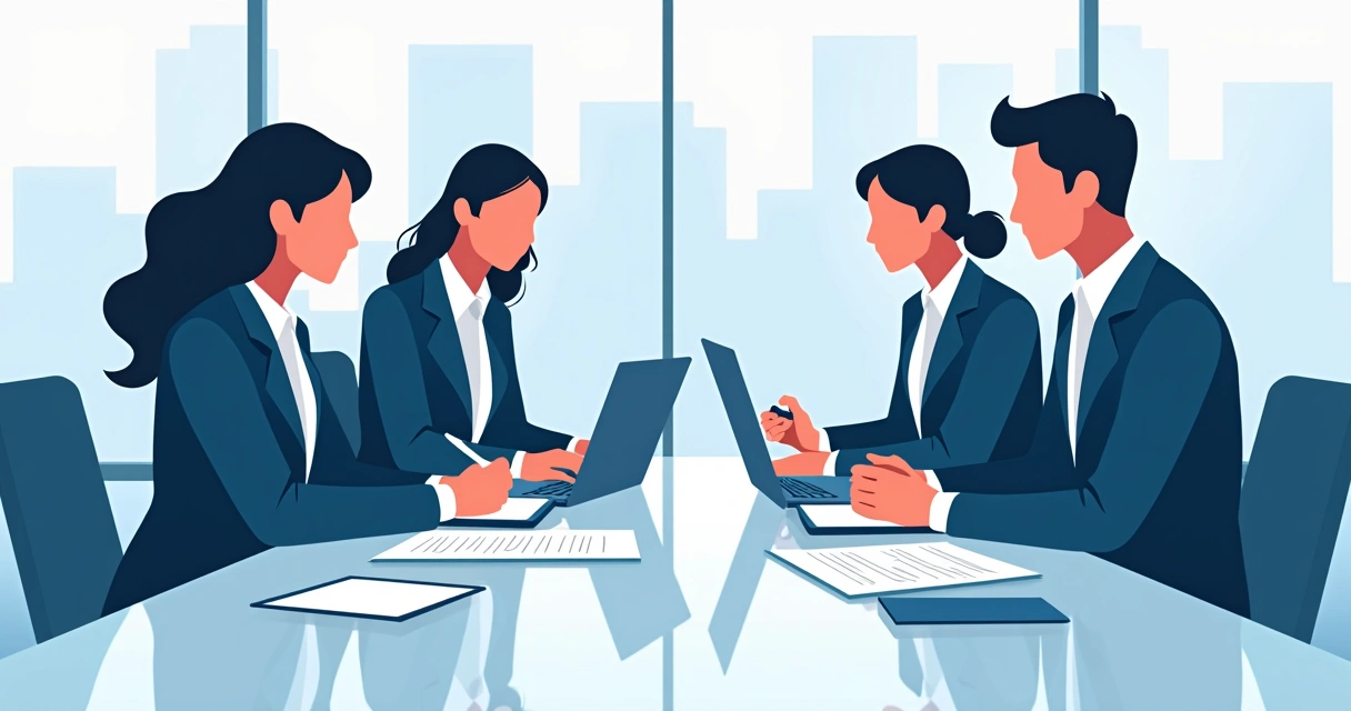 Business people sitting around a table reviewing contract documents 