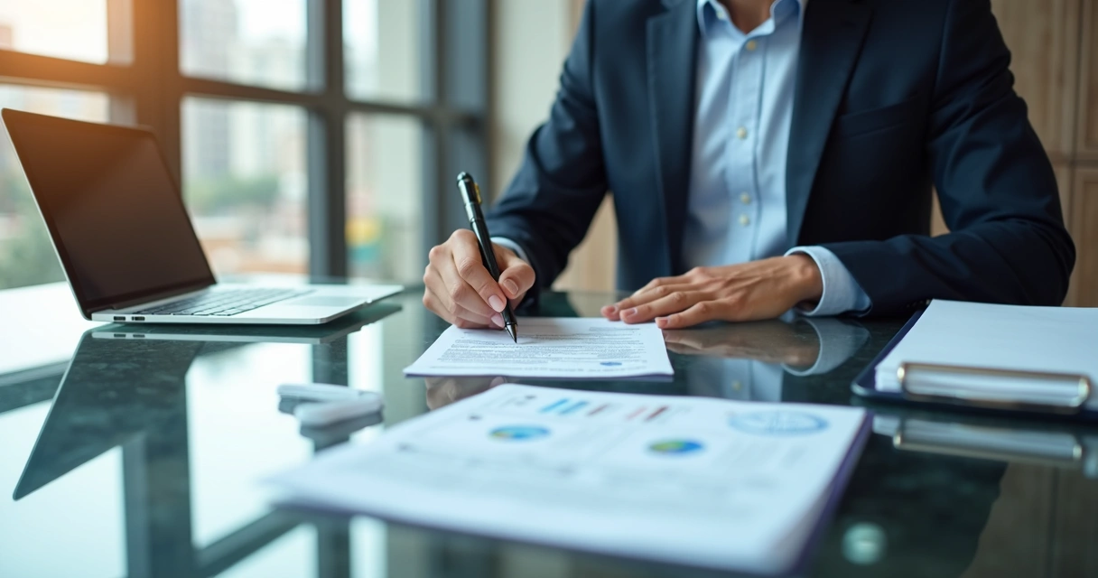 Business owner applying for a business credit card at a modern desk