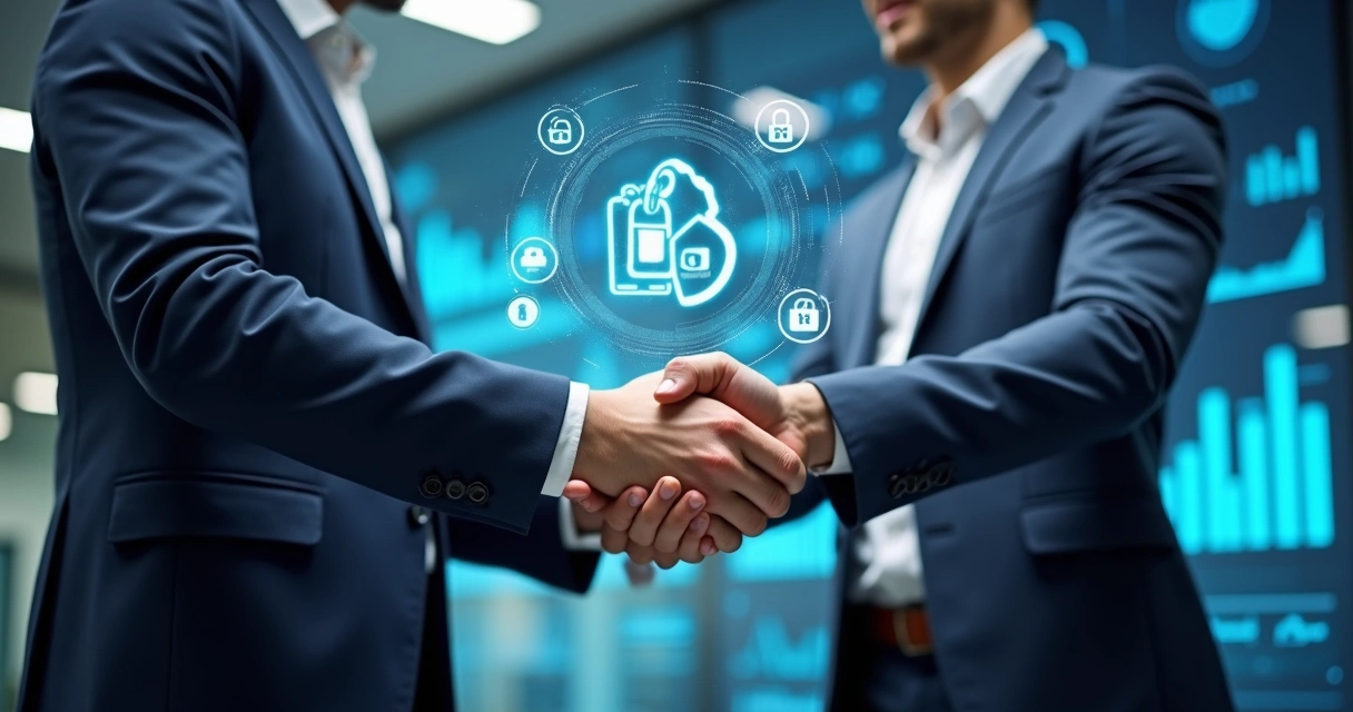 Business professionals shaking hands in front of digital security icons 