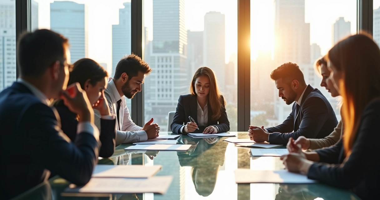 Business professionals in a meeting room, some calm and some visibly stressed or frustrated, discussing a document. 
