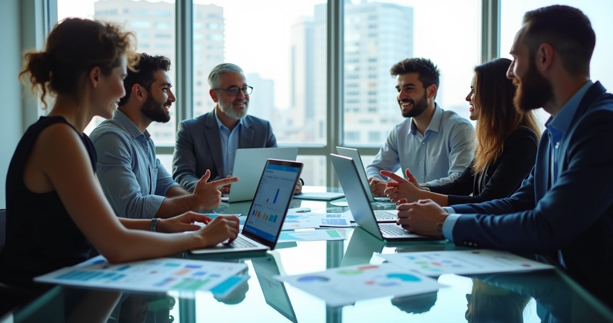 Business team discussing software options with laptops and digital charts on table 
