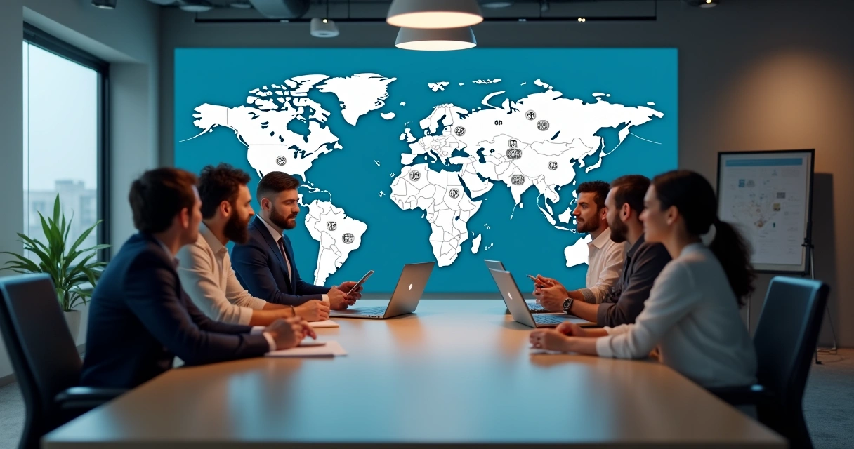 Profissionais digitais discutem planejamento internacional com mapa e códigos CNAE 