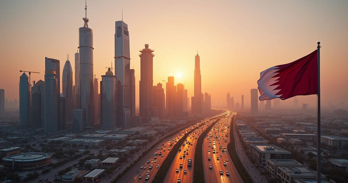 Doha business district skyline at sunset 