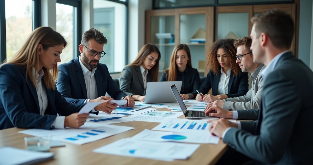 People at a table reviewing business documents 