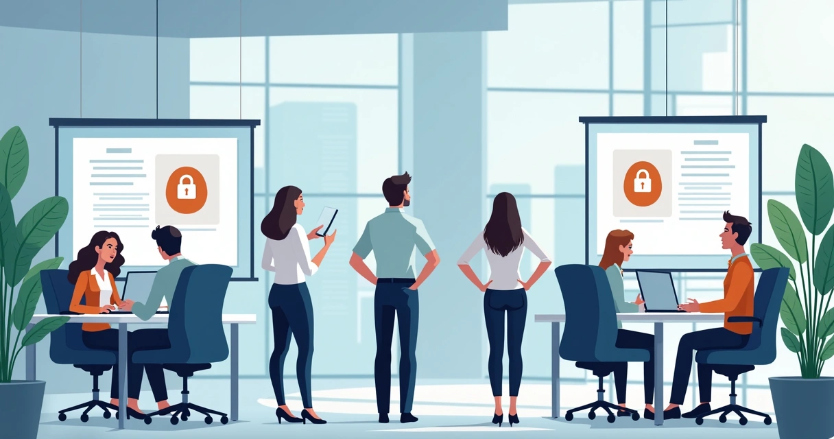 People reviewing secure business documents on screens 