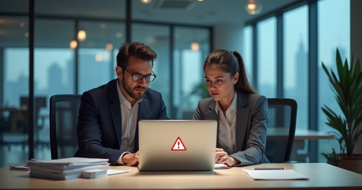 Two professionals at an office desk examining a suspicious email on a laptop 