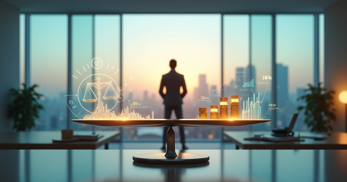 Business leader weighing ethics and profit on a digital balance scale 