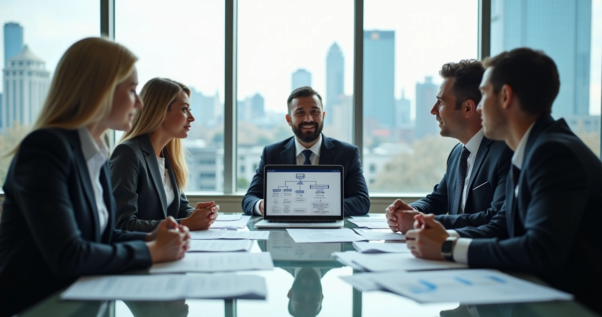 Business professionals meeting in a glass office 