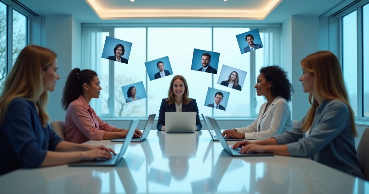 Mulheres reunidas em reunião de negócios, conectadas por telas digitais 