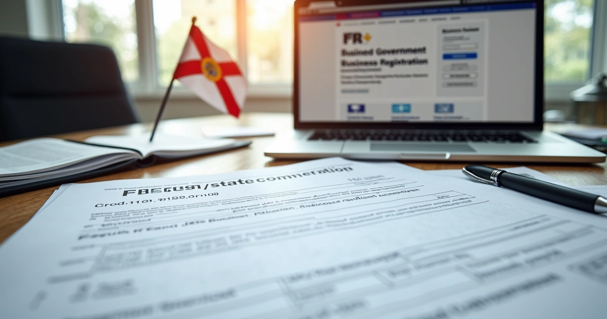Business registration documents and Florida flag 