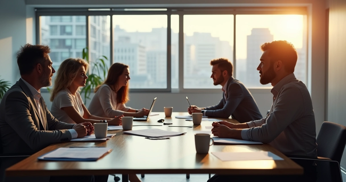 Team members in a modern office having a tense discussion at a table